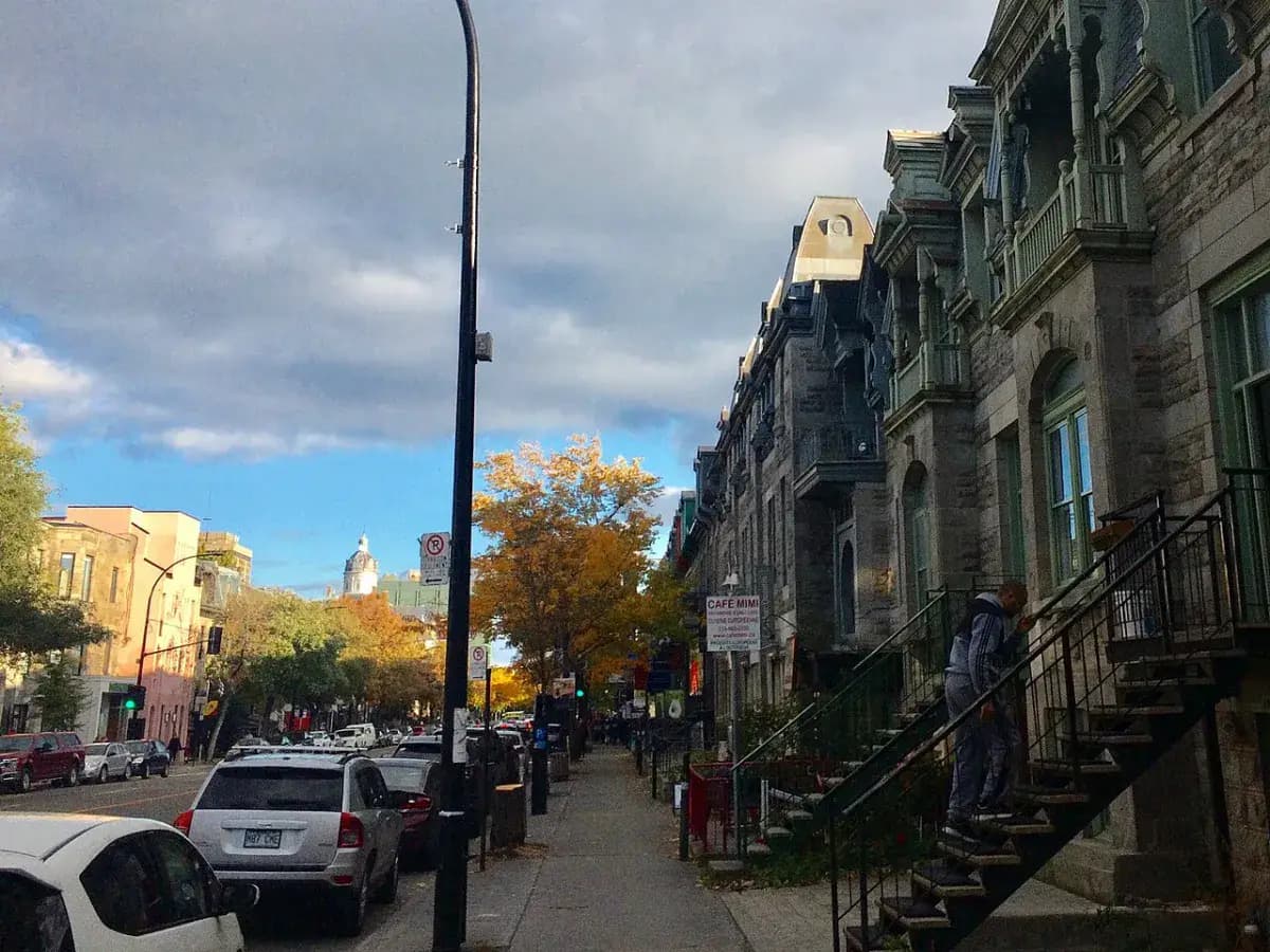 Rue bordée de plex et d’escaliers extérieurs sur le Plateau Mont-Royal
